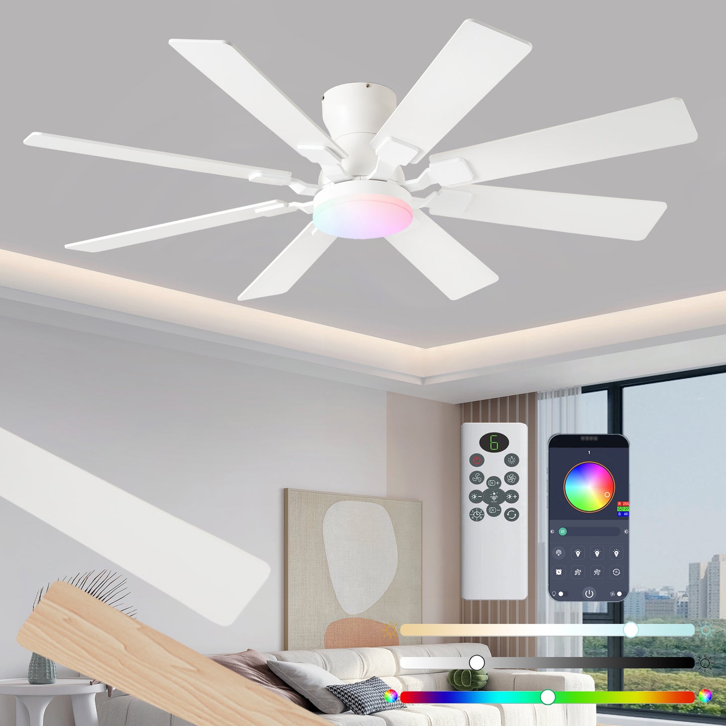 52 inch Ceiling Fan with Light, 6 Speeds Reversible Low Profile Ceiling Fan with Light and Remote/APP Control, 3 Color Temp+Dimmable RGB, 8 Blades, Flush Mount Quiet Ceiling Fans, Black