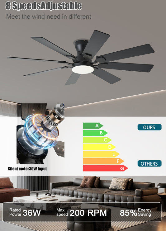 52 inch Ceiling Fan with Light, 6 Speeds Reversible Low Profile Ceiling Fan with Light and Remote/APP Control, 3 Color Temp+Dimmable RGB, 8 Blades, Flush Mount Quiet Ceiling Fans, Black