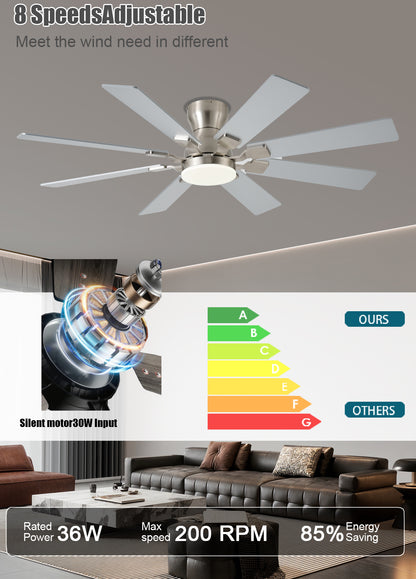 52 inch Ceiling Fan with Light, 6 Speeds Reversible Low Profile Ceiling Fan with Light and Remote/APP Control, 3 Color Temp+Dimmable RGB, 8 Blades, Flush Mount Quiet Ceiling Fans, Black