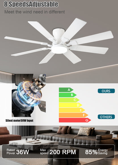 52 inch Ceiling Fan with Light, 6 Speeds Reversible Low Profile Ceiling Fan with Light and Remote/APP Control, 3 Color Temp+Dimmable RGB, 8 Blades, Flush Mount Quiet Ceiling Fans, Black