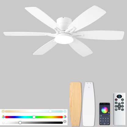 52inch  Ceiling Fans with Lights and Remote/App Control, Low Profile Ceiling Fan with Light and 6 Double-Side blades, Flush Mount, LED/RGB Dimmable DC Reversible Modern Ceiling Fan for Bedroom
