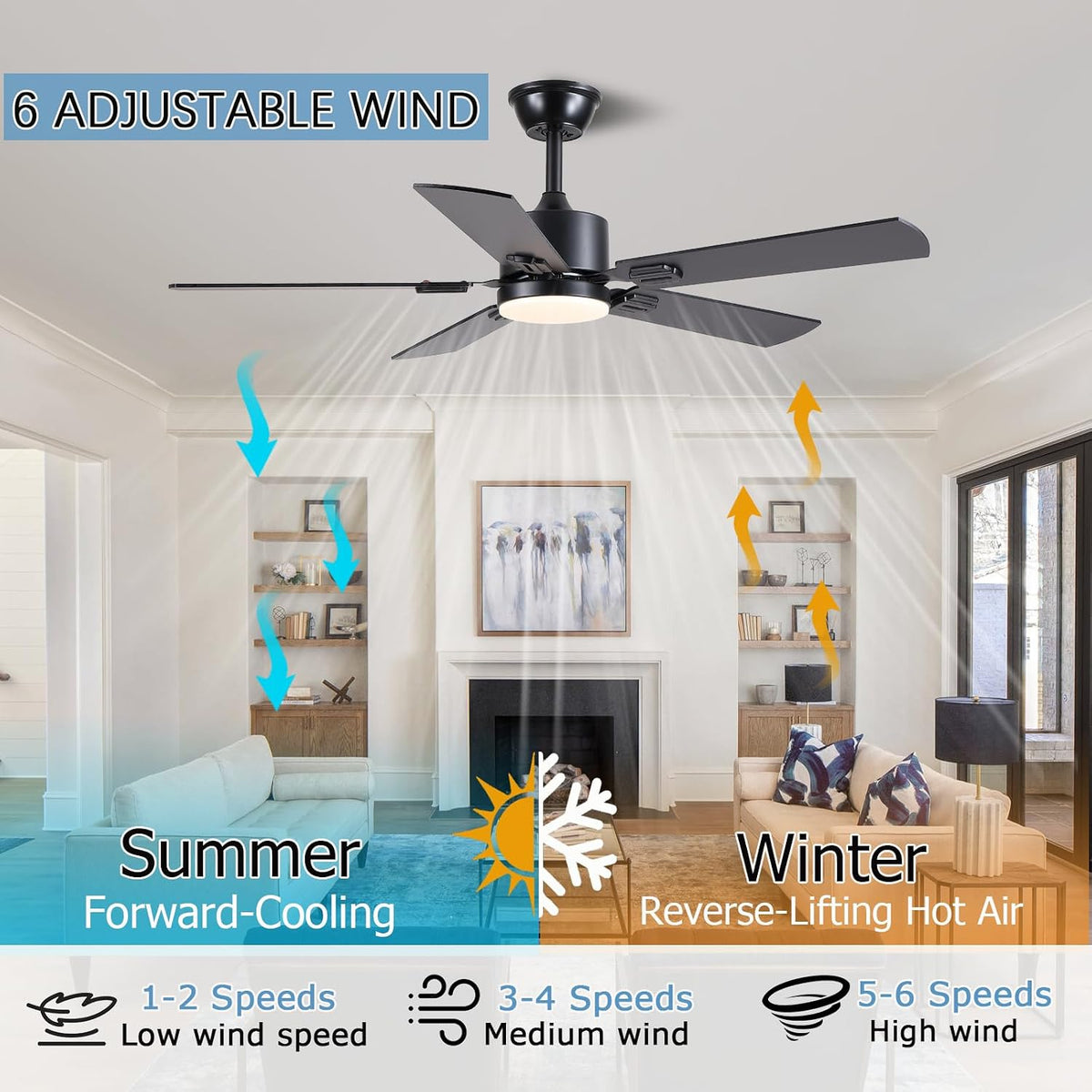 46inch Modern Ceiling Fans with Lights APP/Remote Control, Black Reversible 6 Speeds DC Motor, Noiseless, Dimmable 3CCT LED, Memory Function, 5 Dual Finish Blades for Bedroom Living Room