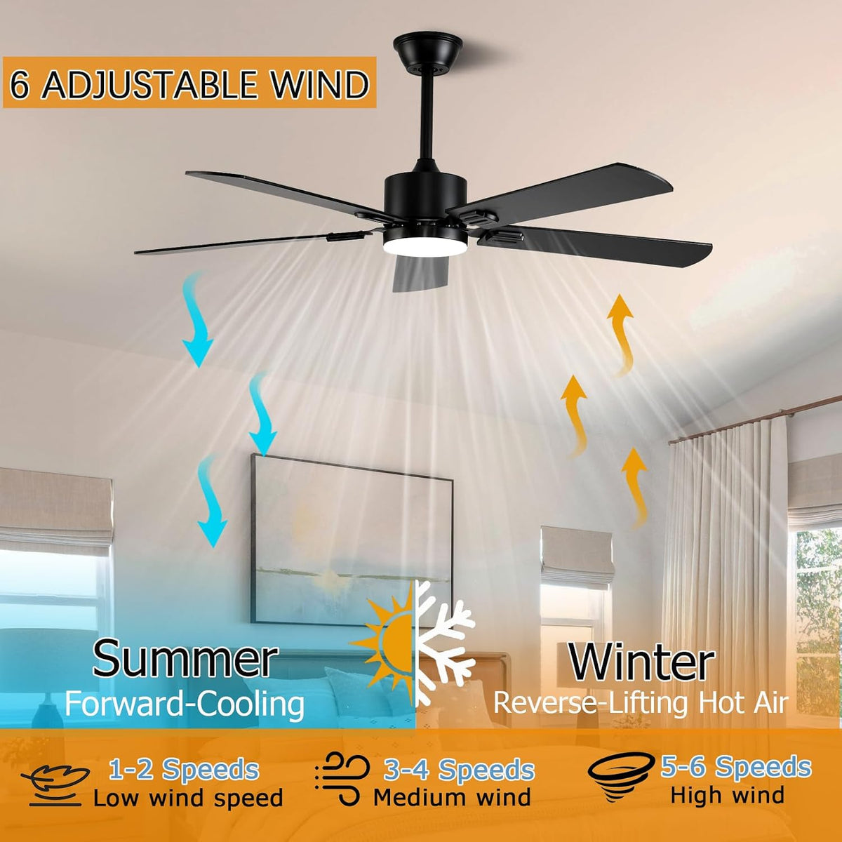 56inch Black Modern Ceiling Fans with Lights and Remote/App Control Reversible 6 Speeds DC Motor, Noiseless, Dimmable 3CCT LED, Memory Function, 5 Dual Finish Blades for Bedroom Living Room