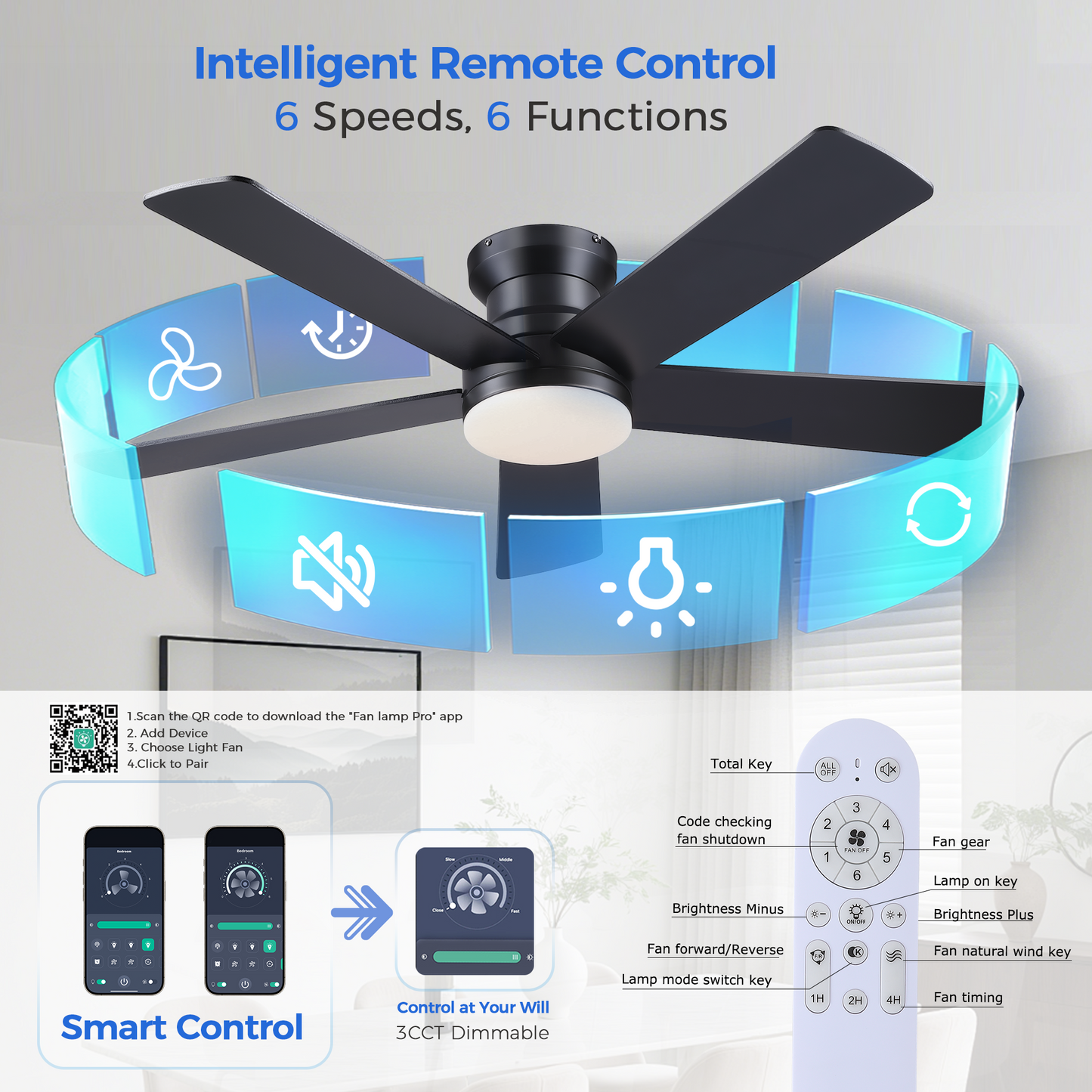 Flush Mount Ceiling Fan with Light and Remote/APP - 48" Low Profile Ceiling Fan with 3CCT Dimmable, 5 Reversible Blades, Modern Indoor Fan Light Fixtures for Bedroom, Kitchen