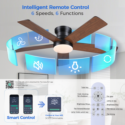 Flush Mount Ceiling Fan with Light and Remote/APP - 48" Low Profile Ceiling Fan with 3CCT Dimmable, 5 Reversible Blades, Modern Indoor Fan Light Fixtures for Bedroom, Kitchen
