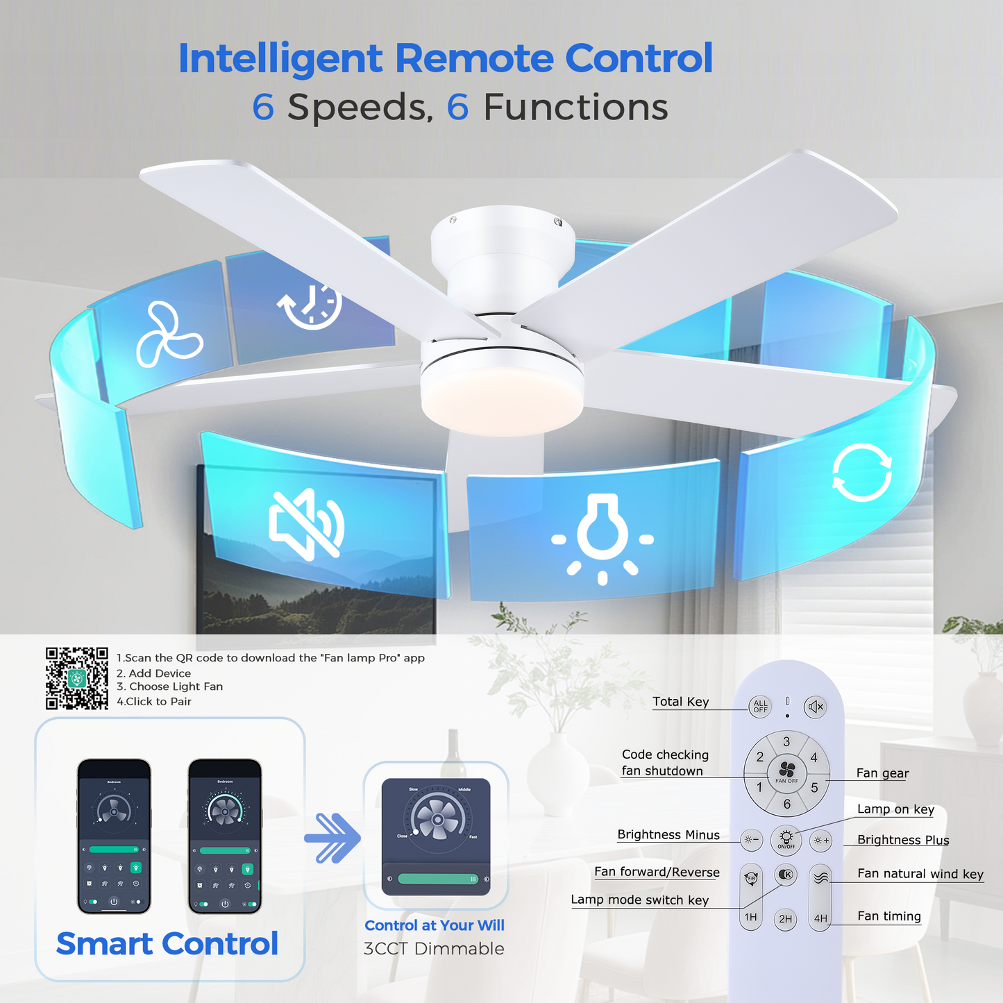 Flush Mount Ceiling Fan with Light and Remote/APP - 48" Low Profile Ceiling Fan with 3CCT Dimmable, 5 Reversible Blades, Modern Indoor Fan Light Fixtures for Bedroom, Kitchen