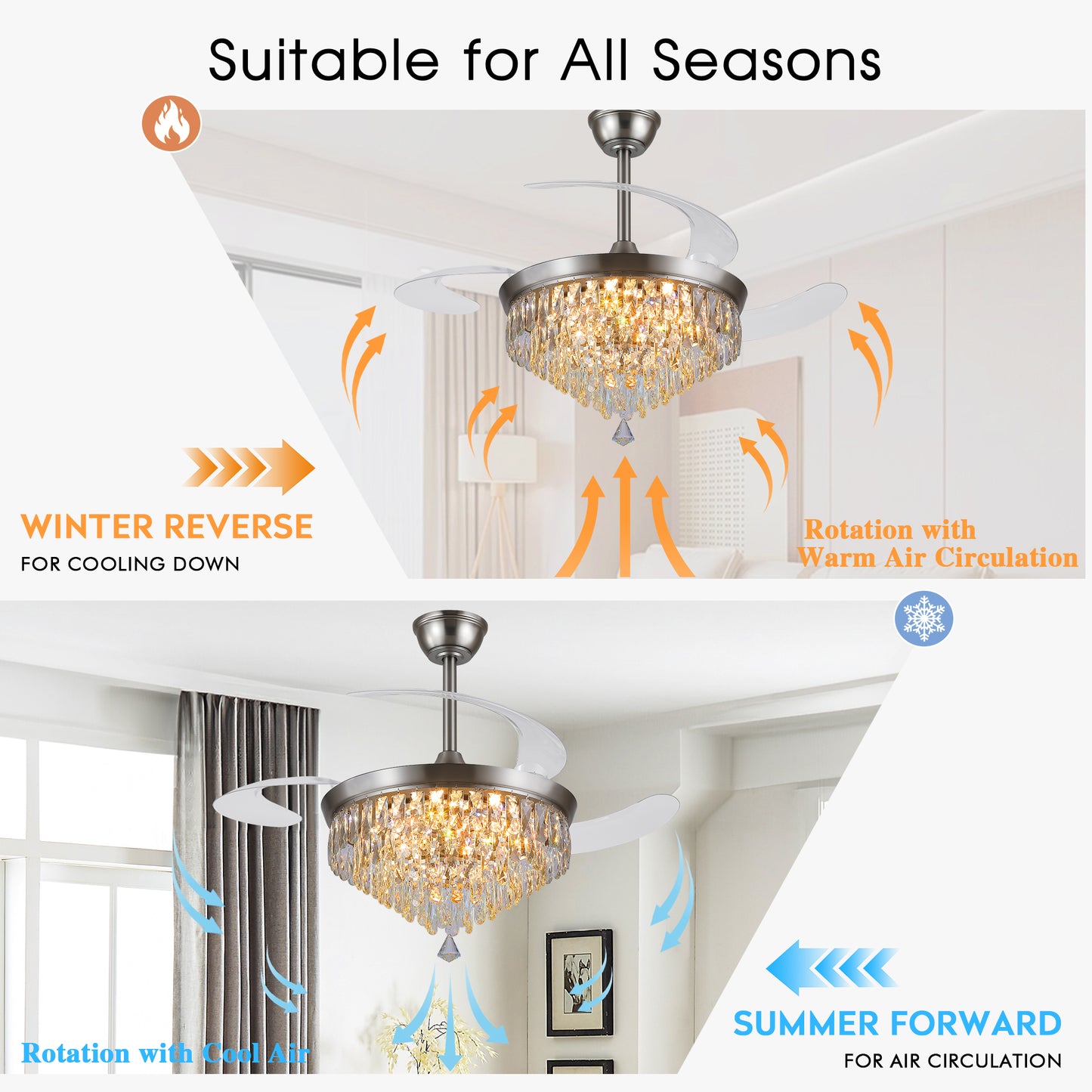 48" Chandelier Ceiling Fan with Lights, Crystal Retractable Fandelier with 3 Color LED Dimmable, Reversible DC Motor, Modern for Bedroom, Living Room (Black