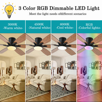 52inch  Ceiling Fans with Lights and Remote/App Control, Low Profile Ceiling Fan with Light and 6 Double-Side blades, Flush Mount, LED/RGB Dimmable DC Reversible Modern Ceiling Fan for Bedroom
