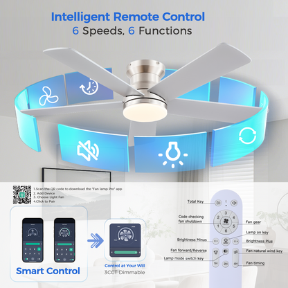 Flush Mount Ceiling Fan with Light and Remote/APP - 48" Low Profile Ceiling Fan with 3CCT Dimmable, 5 Reversible Blades, Modern Indoor Fan Light Fixtures for Bedroom, Kitchen