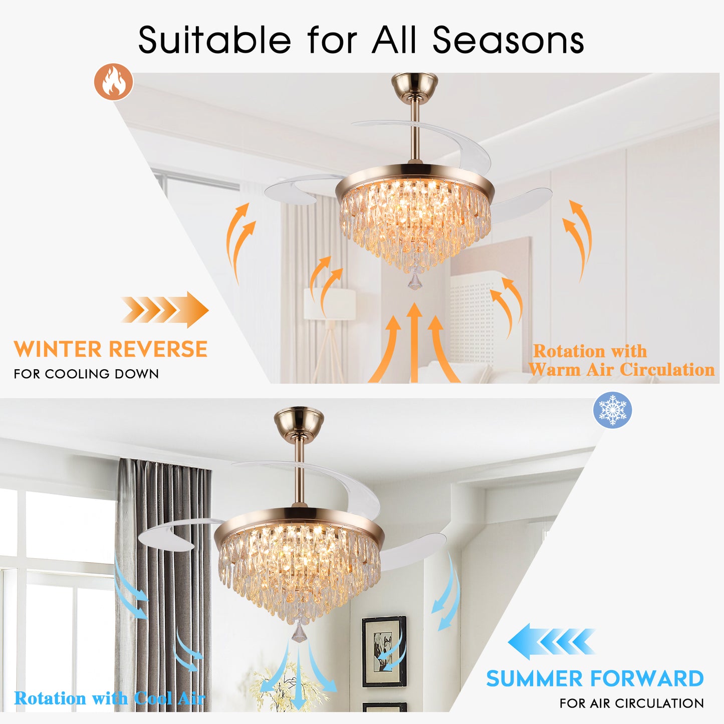 48" Chandelier Ceiling Fan with Lights, Crystal Retractable Fandelier with 3 Color LED Dimmable, Reversible DC Motor, Modern for Bedroom, Living Room5555-BLACK 5555-GOLD 5555-NICKEL