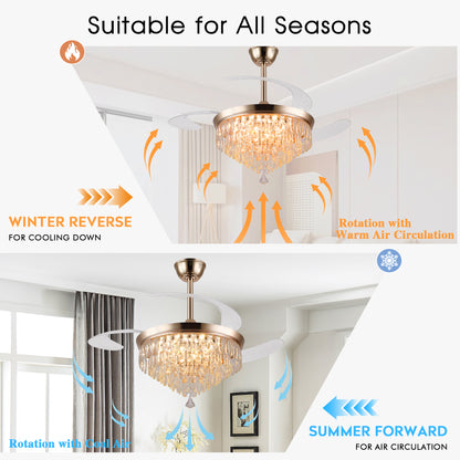 48" Chandelier Ceiling Fan with Lights, Crystal Retractable Fandelier with 3 Color LED Dimmable, Reversible DC Motor, Modern for Bedroom, Living Room5555-BLACK 5555-GOLD 5555-NICKEL