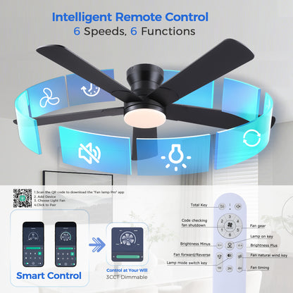 52inch Black Ceiling Fan with Light and Remote- Flush Mount Fan Light with 5 Reversible Blades, 3CCT Dimmable, DC, Low Profile Ceiling Fan for Indoor, Outdoor, Summer
