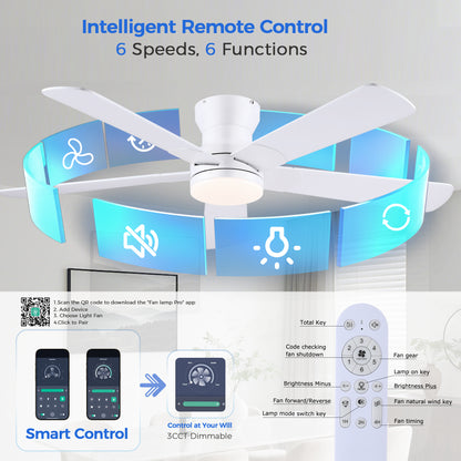 52inch Black Ceiling Fan with Light and Remote- Flush Mount Fan Light with 5 Reversible Blades, 3CCT Dimmable, DC, Low Profile Ceiling Fan for Indoor, Outdoor, Summer