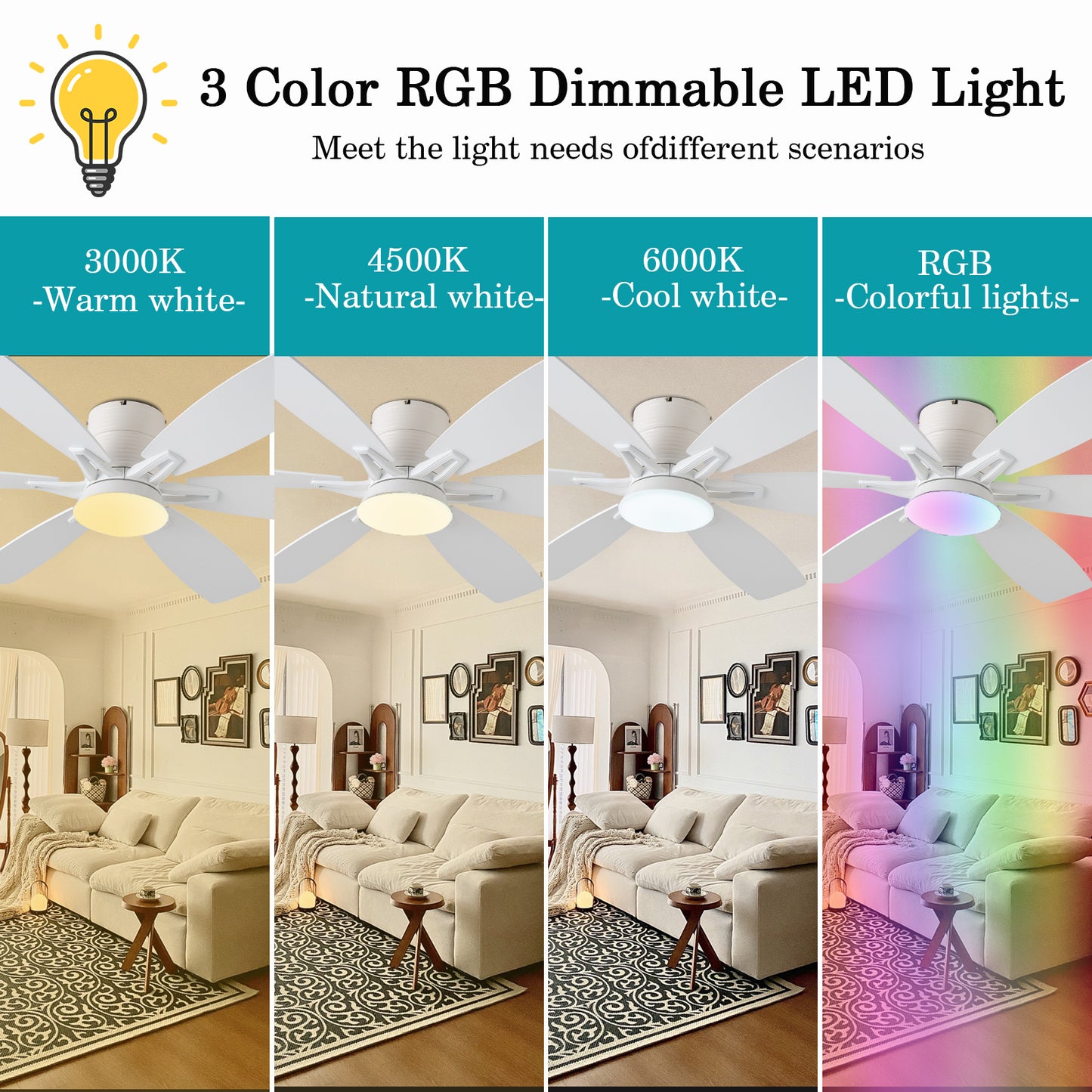 52inch  Ceiling Fans with Lights and Remote/App Control, Low Profile Ceiling Fan with Light and 6 Double-Side blades, Flush Mount, LED/RGB Dimmable DC Reversible Modern Ceiling Fan for Bedroom