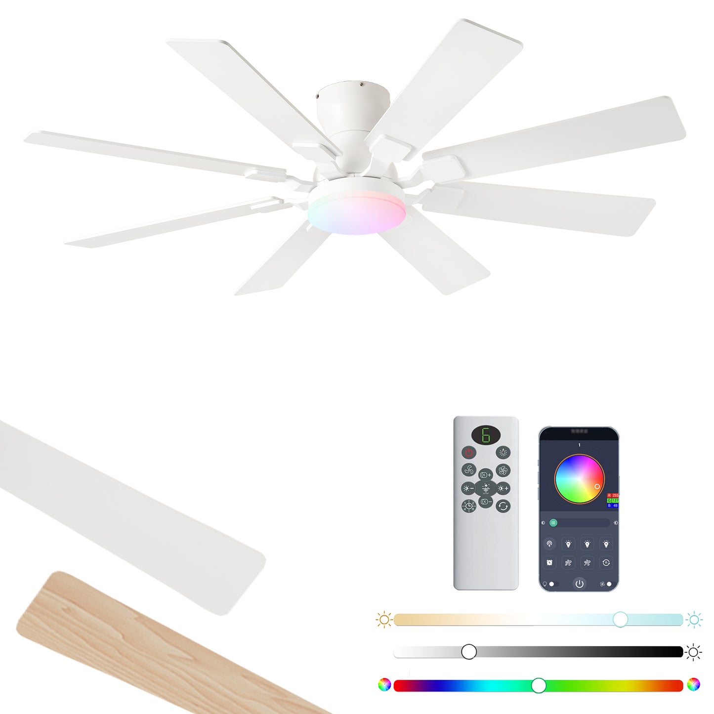 52 inch Ceiling Fan with Light, 6 Speeds Reversible Low Profile Ceiling Fan with Light and Remote/APP Control, 3 Color Temp+Dimmable RGB, 8 Blades, Flush Mount Quiet Ceiling Fans, Black
