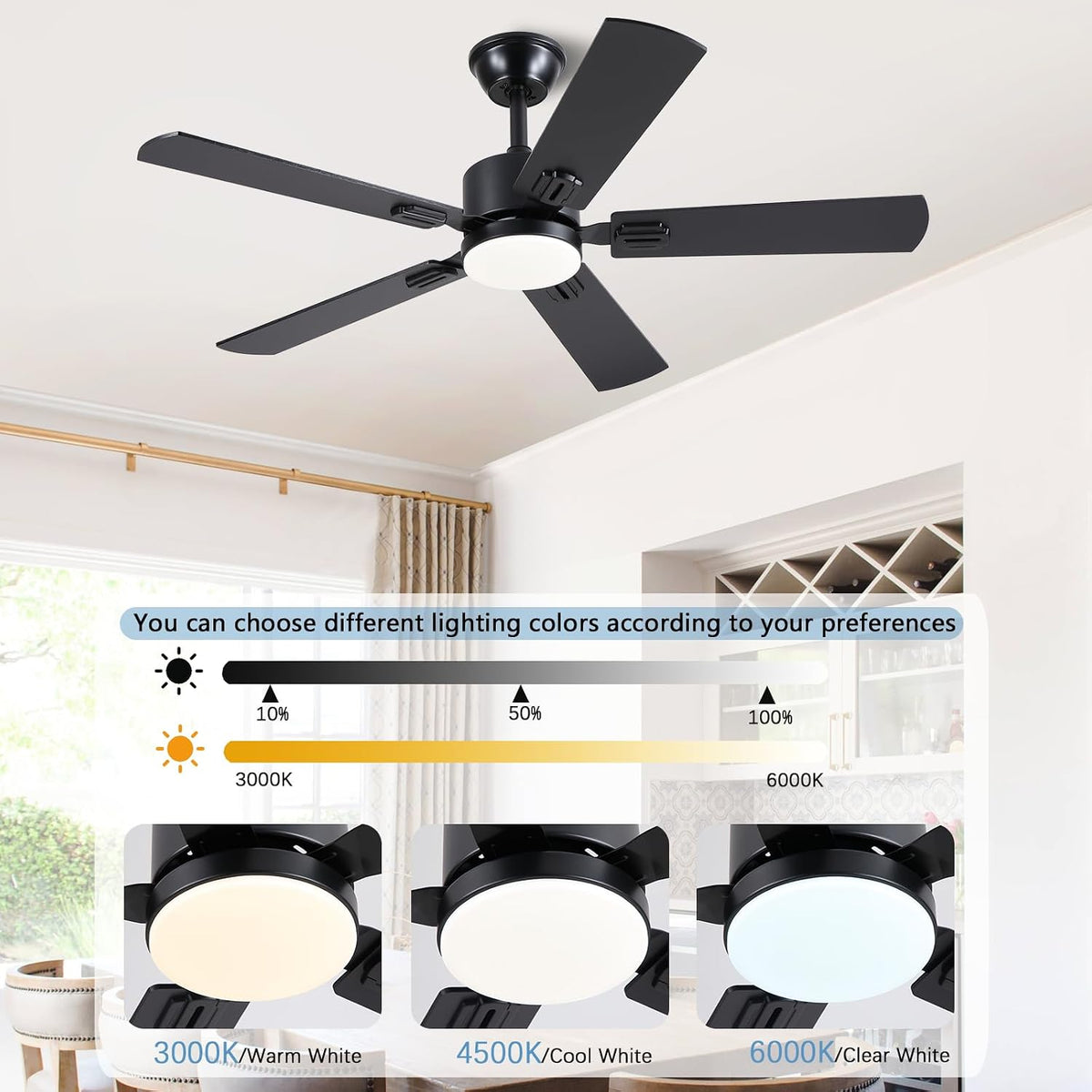 46inch Modern Ceiling Fans with Lights APP/Remote Control, Black Reversible 6 Speeds DC Motor, Noiseless, Dimmable 3CCT LED, Memory Function, 5 Dual Finish Blades for Bedroom Living Room