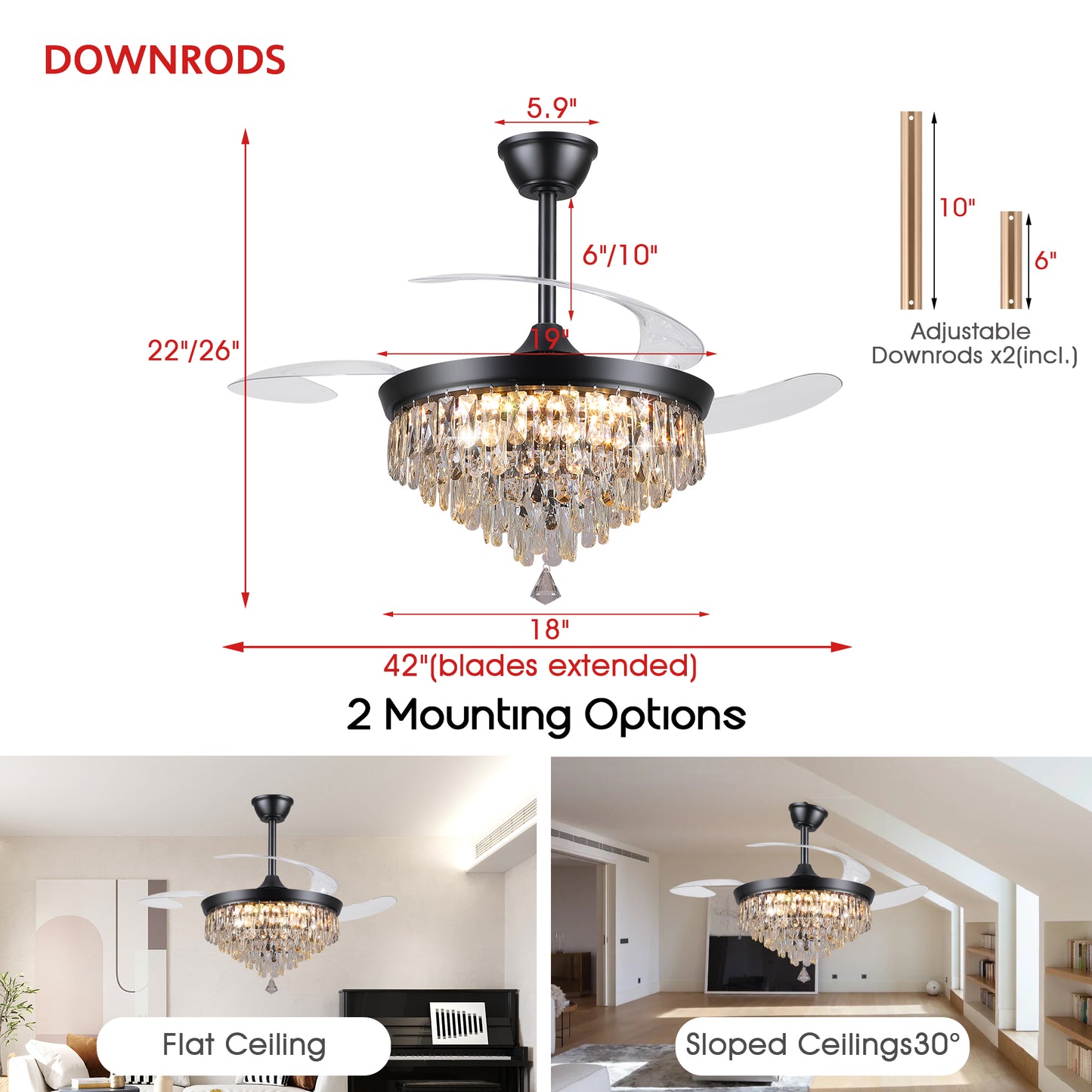 48" Chandelier Ceiling Fan with Lights, Crystal Retractable Fandelier with 3 Color LED Dimmable, Reversible DC Motor, Modern for Bedroom, Living Room (Black