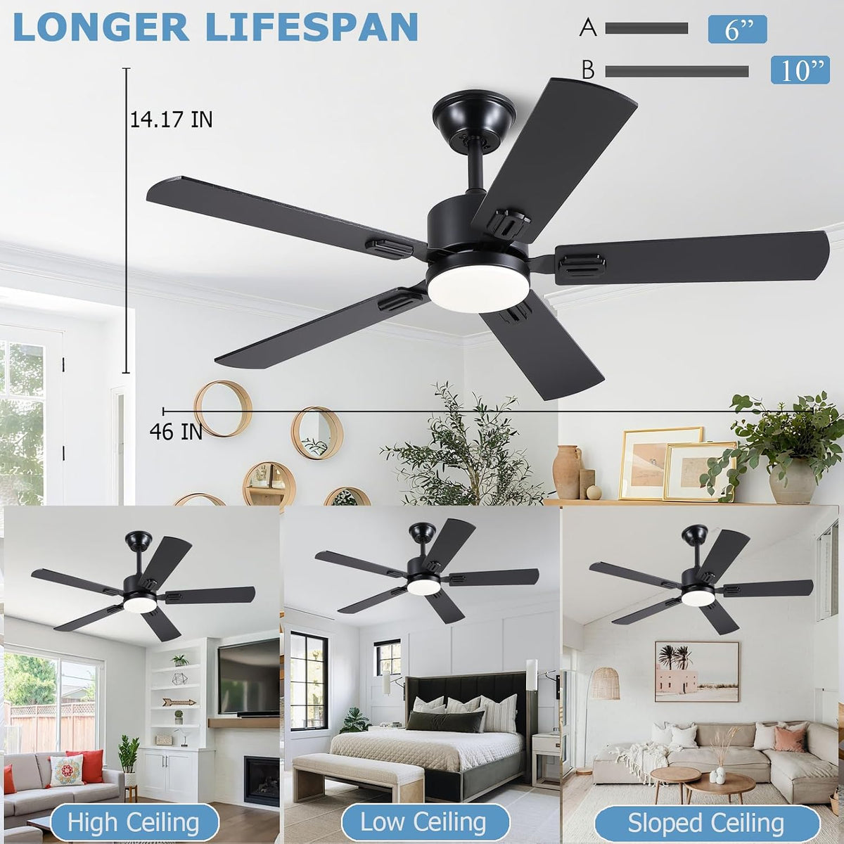46inch Modern Ceiling Fans with Lights APP/Remote Control, Black Reversible 6 Speeds DC Motor, Noiseless, Dimmable 3CCT LED, Memory Function, 5 Dual Finish Blades for Bedroom Living Room