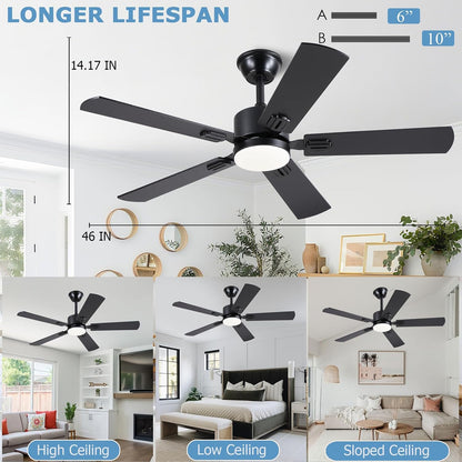 46inch Modern Ceiling Fans with Lights APP/Remote Control, Black Reversible 6 Speeds DC Motor, Noiseless, Dimmable 3CCT LED, Memory Function, 5 Dual Finish Blades for Bedroom Living Room