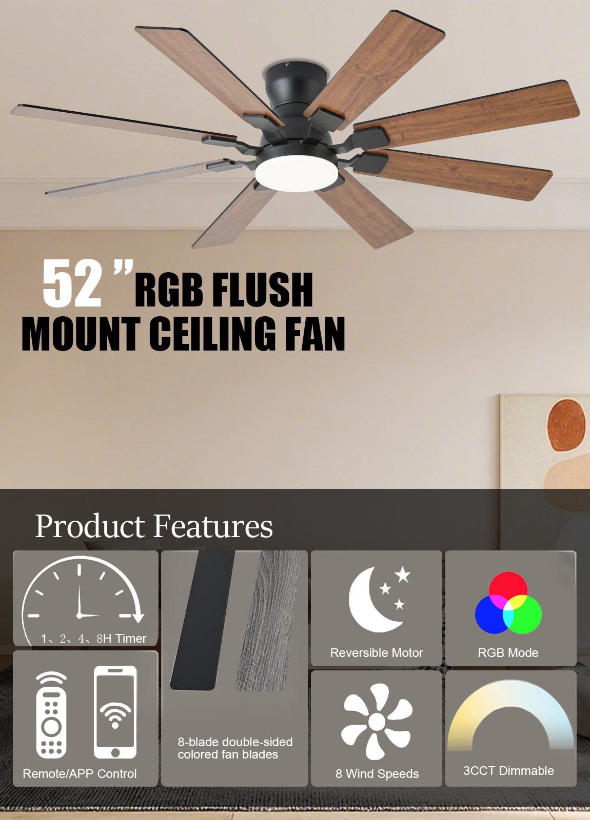 52 inch Ceiling Fan with Light, 6 Speeds Reversible Low Profile Ceiling Fan with Light and Remote/APP Control, 3 Color Temp+Dimmable RGB, 8 Blades, Flush Mount Quiet Ceiling Fans, Black