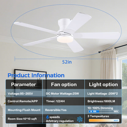 52inch Black Ceiling Fan with Light and Remote- Flush Mount Fan Light with 5 Reversible Blades, 3CCT Dimmable, DC, Low Profile Ceiling Fan for Indoor, Outdoor, Summer