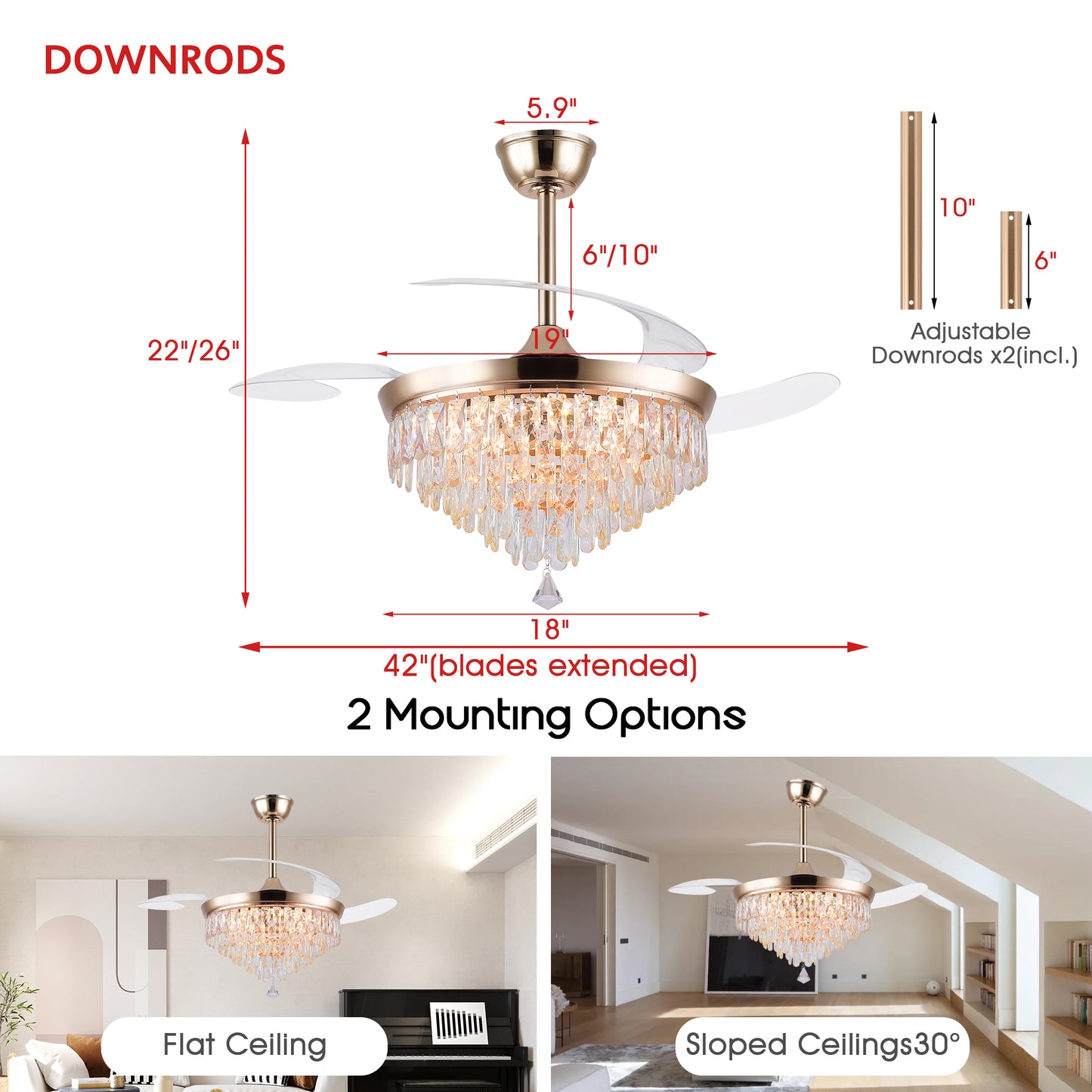 48" Chandelier Ceiling Fan with Lights, Crystal Retractable Fandelier with 3 Color LED Dimmable, Reversible DC Motor, Modern for Bedroom, Living Room5555-BLACK 5555-GOLD 5555-NICKEL