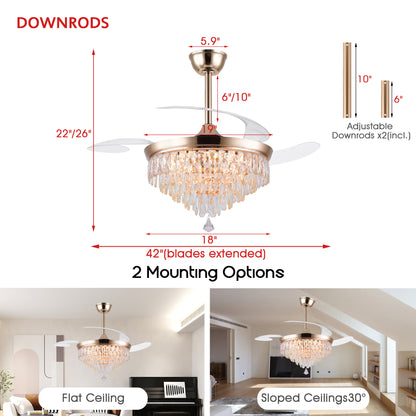 48" Chandelier Ceiling Fan with Lights, Crystal Retractable Fandelier with 3 Color LED Dimmable, Reversible DC Motor, Modern for Bedroom, Living Room5555-BLACK 5555-GOLD 5555-NICKEL