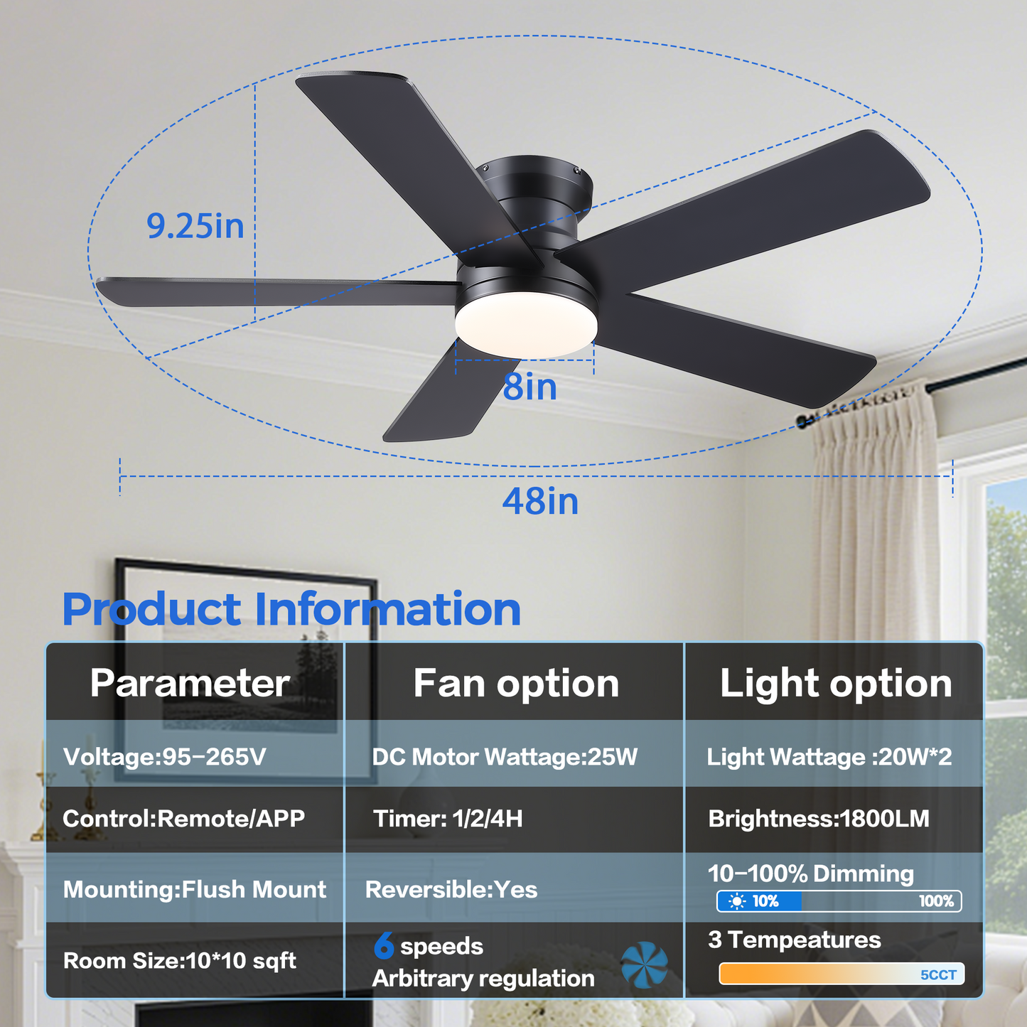 Flush Mount Ceiling Fan with Light and Remote/APP - 48" Low Profile Ceiling Fan with 3CCT Dimmable, 5 Reversible Blades, Modern Indoor Fan Light Fixtures for Bedroom, Kitchen