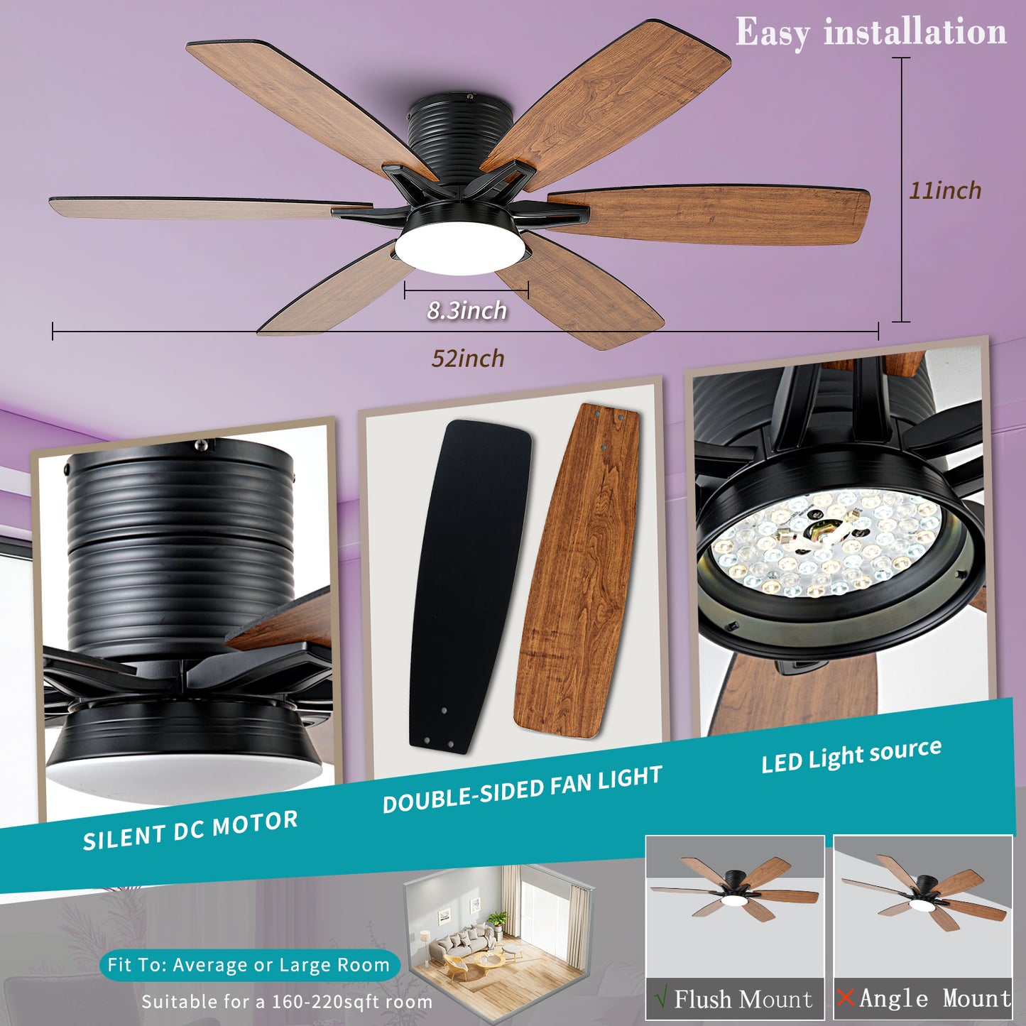 52inch  Ceiling Fans with Lights and Remote/App Control, Low Profile Ceiling Fan with Light and 6 Double-Side blades, Flush Mount, LED/RGB Dimmable DC Reversible Modern Ceiling Fan for Bedroom
