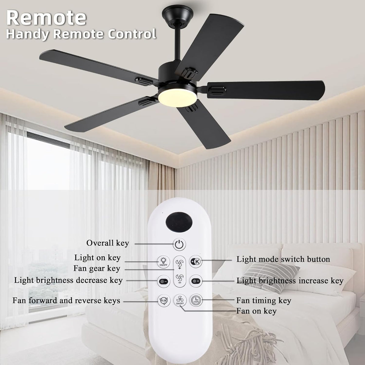 56inch Black Modern Ceiling Fans with Lights and Remote/App Control Reversible 6 Speeds DC Motor, Noiseless, Dimmable 3CCT LED, Memory Function, 5 Dual Finish Blades for Bedroom Living Room