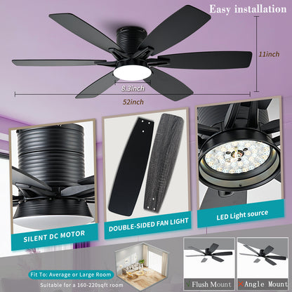 52inch  Ceiling Fans with Lights and Remote/App Control, Low Profile Ceiling Fan with Light and 6 Double-Side blades, Flush Mount, LED/RGB Dimmable DC Reversible Modern Ceiling Fan for Bedroom