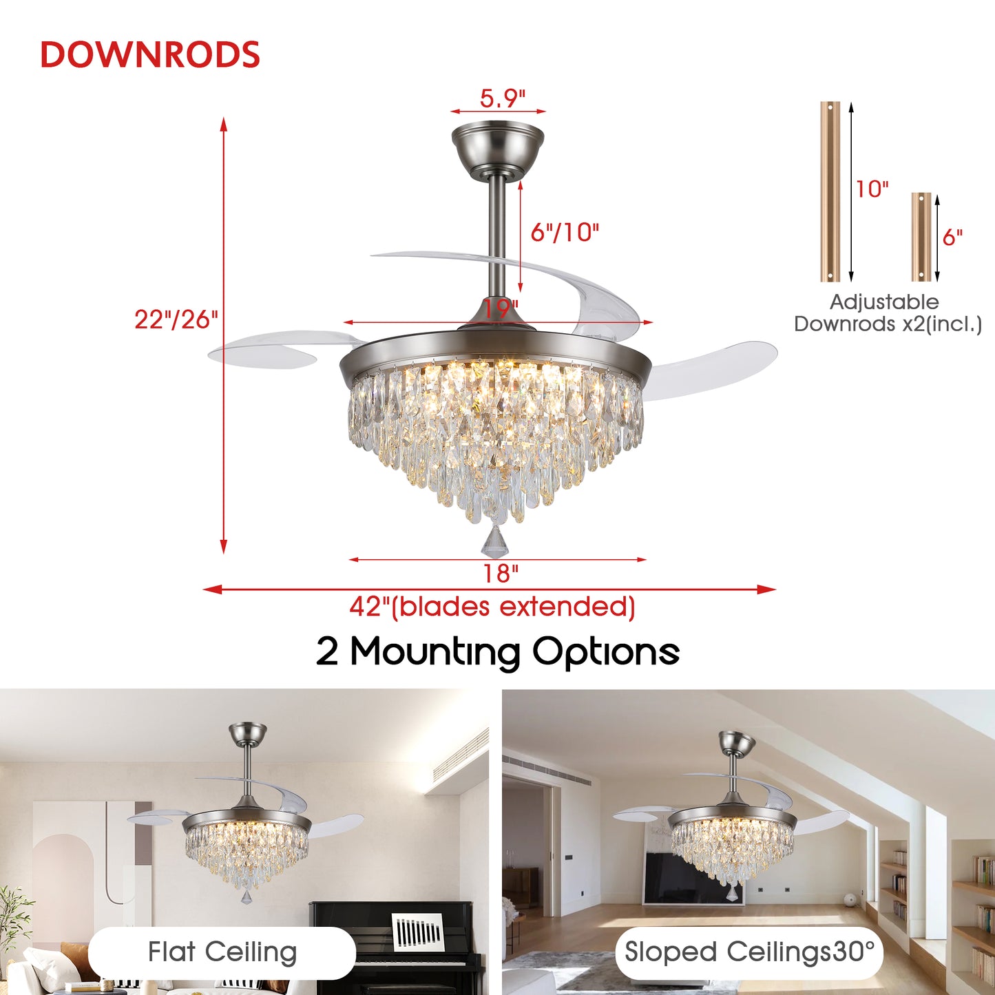 48" Chandelier Ceiling Fan with Lights, Crystal Retractable Fandelier with 3 Color LED Dimmable, Reversible DC Motor, Modern for Bedroom, Living Room (Black