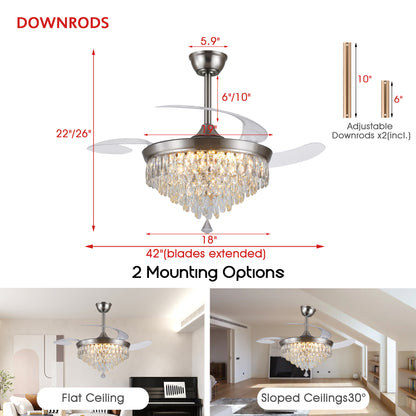 48" Chandelier Ceiling Fan with Lights, Crystal Retractable Fandelier with 3 Color LED Dimmable, Reversible DC Motor, Modern for Bedroom, Living Room (Black