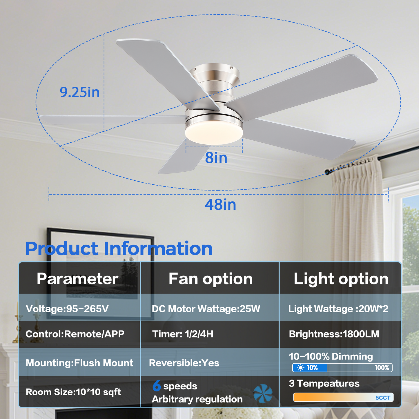 Flush Mount Ceiling Fan with Light and Remote/APP - 48" Low Profile Ceiling Fan with 3CCT Dimmable, 5 Reversible Blades, Modern Indoor Fan Light Fixtures for Bedroom, Kitchen