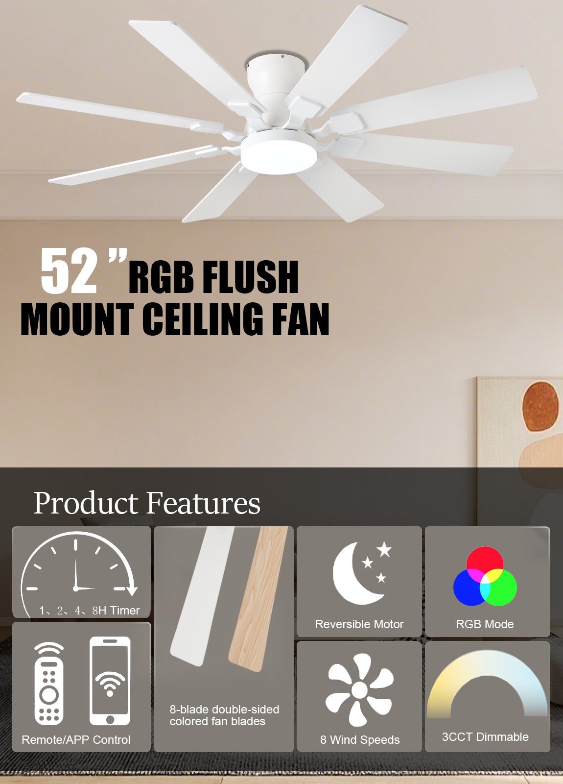 52 inch Ceiling Fan with Light, 6 Speeds Reversible Low Profile Ceiling Fan with Light and Remote/APP Control, 3 Color Temp+Dimmable RGB, 8 Blades, Flush Mount Quiet Ceiling Fans, Black