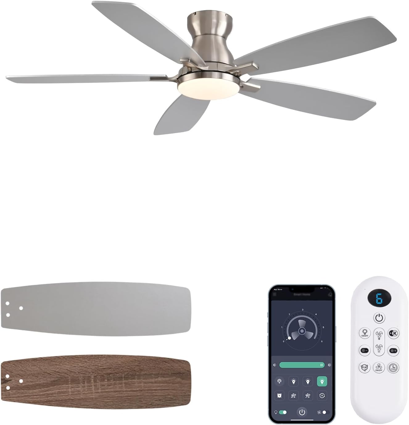 JSAITEE Ceiling Fans with Lights, 52 Inch Low Profile Ceiling Fan with Light and Remote Control, Flush Mount, DC Reversible Motor, Noiseless, White 6 Speeds Ceiling Fan for BedroomJL-66-Brown JL-66-nickle JL-66-white JL-66-black