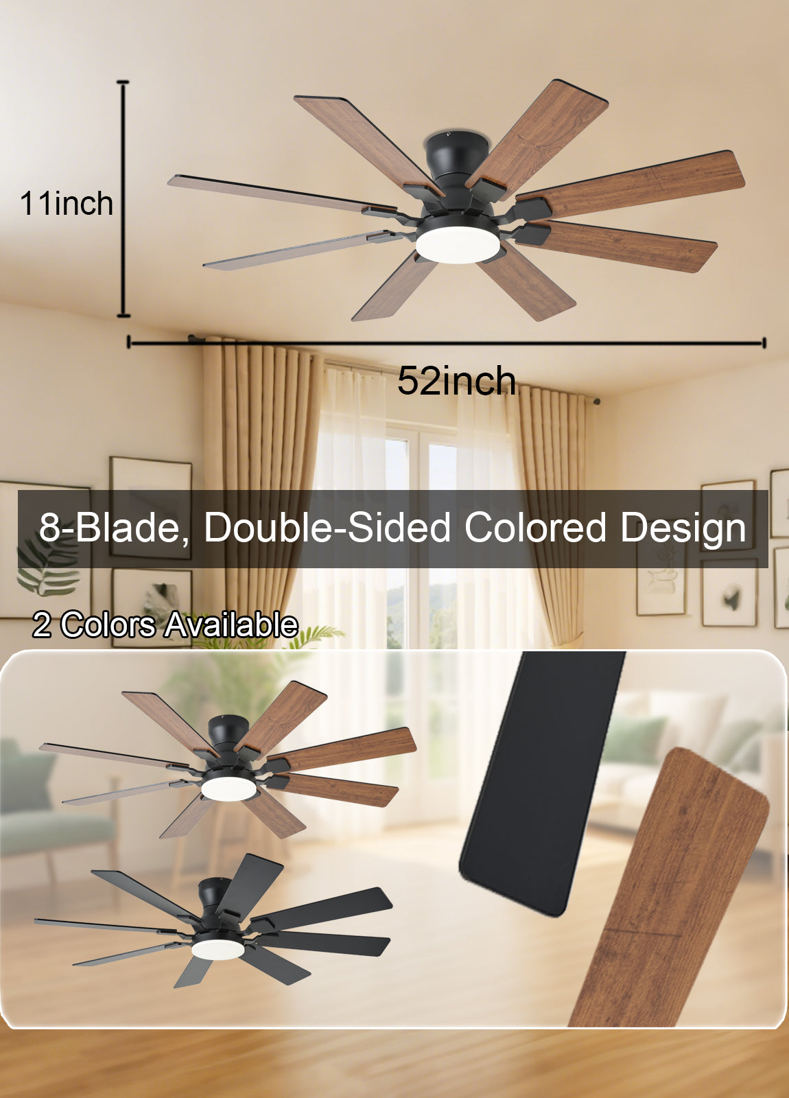 52 inch Ceiling Fan with Light, 6 Speeds Reversible Low Profile Ceiling Fan with Light and Remote/APP Control, 3 Color Temp+Dimmable RGB, 8 Blades, Flush Mount Quiet Ceiling Fans, Black