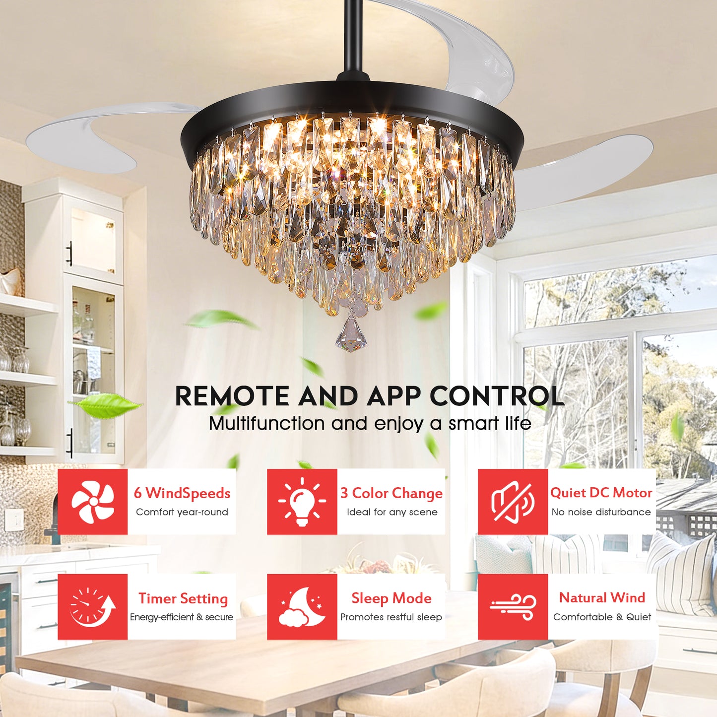 48" Chandelier Ceiling Fan with Lights, Crystal Retractable Fandelier with 3 Color LED Dimmable, Reversible DC Motor, Modern for Bedroom, Living Room (Black