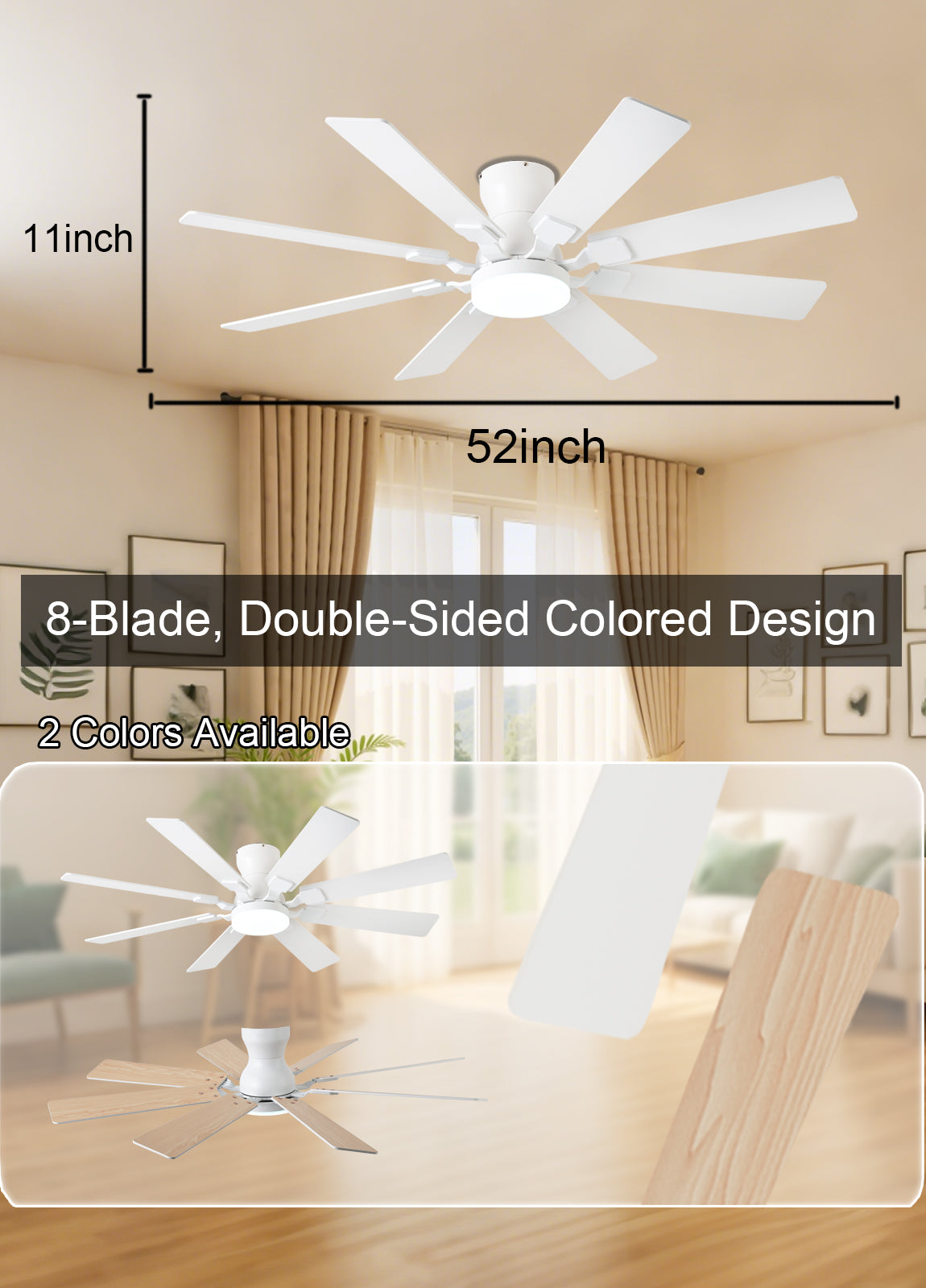 52 inch Ceiling Fan with Light, 6 Speeds Reversible Low Profile Ceiling Fan with Light and Remote/APP Control, 3 Color Temp+Dimmable RGB, 8 Blades, Flush Mount Quiet Ceiling Fans, Black