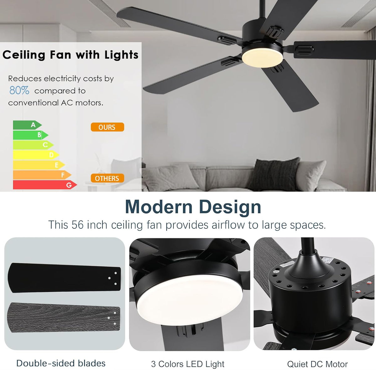 56inch Black Modern Ceiling Fans with Lights and Remote/App Control Reversible 6 Speeds DC Motor, Noiseless, Dimmable 3CCT LED, Memory Function, 5 Dual Finish Blades for Bedroom Living Room
