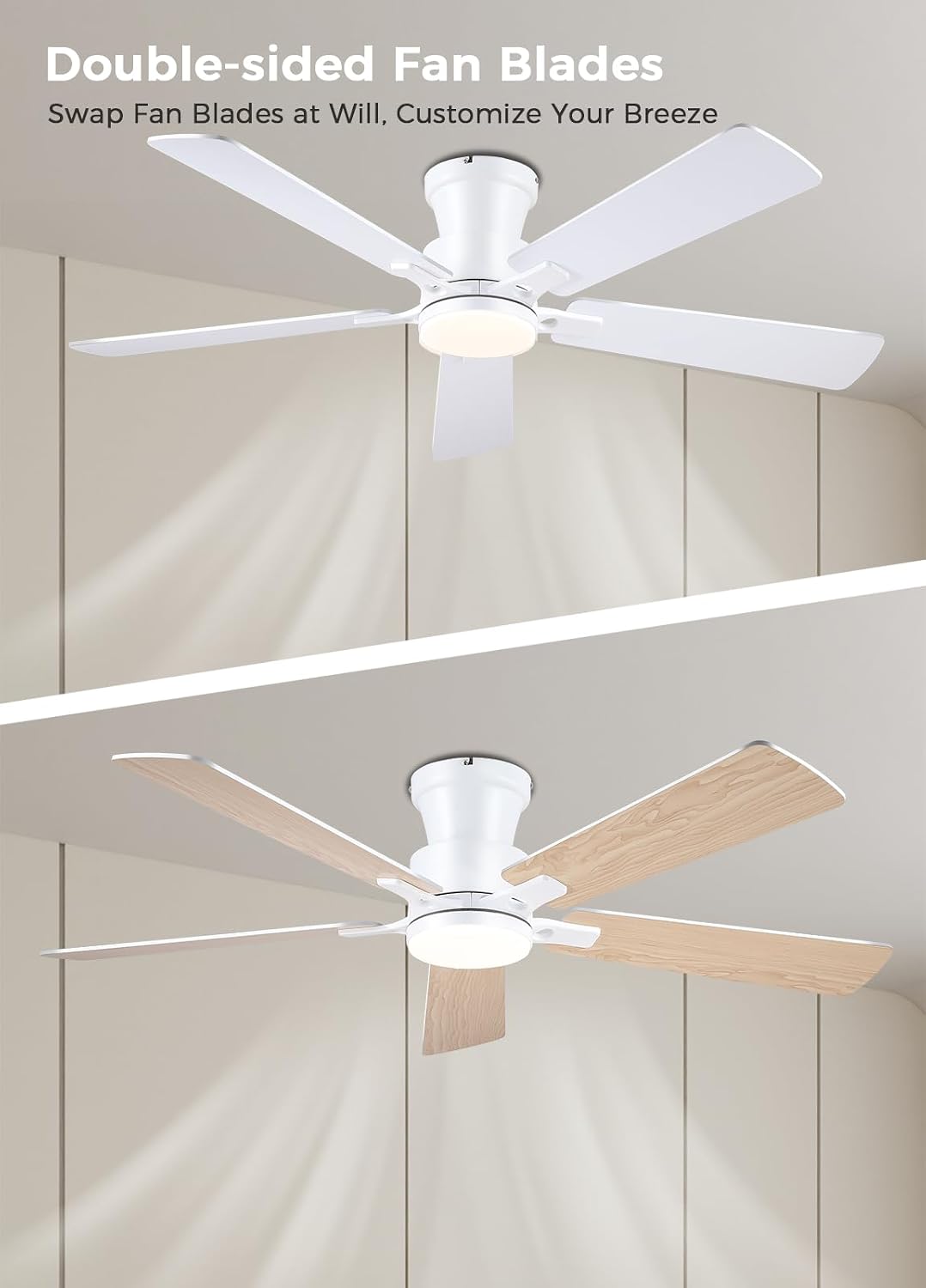 JSAITEE 52Inch Flush Mount Ceiling Fan with Lights Low Profile Brown