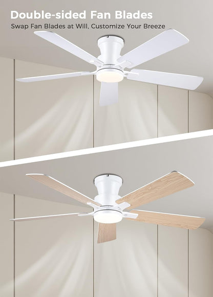 JSAITEE 52Inch Flush Mount Ceiling Fan with Lights Low Profile Brown