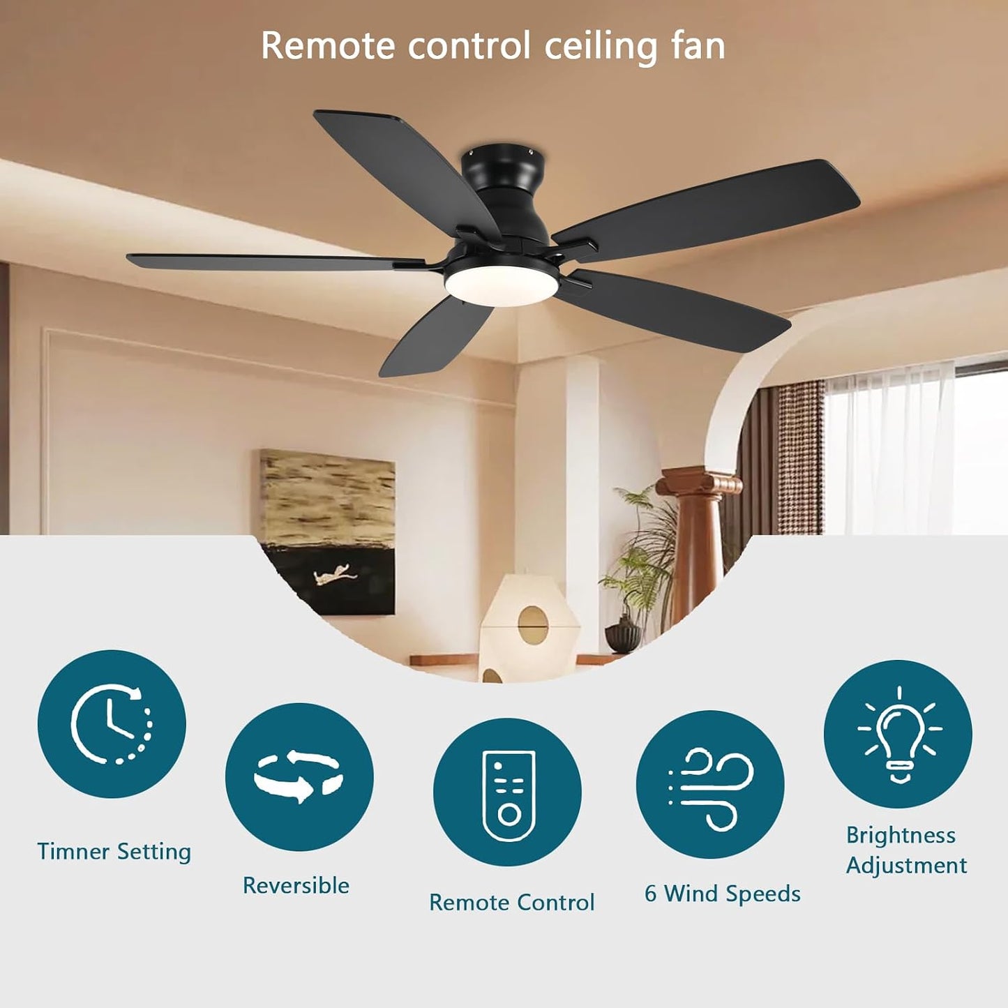 JSAITEE Ceiling Fans with Lights, 52 Inch Low Profile Ceiling Fan with Light and Remote Control, Flush Mount, DC Reversible Motor, Noiseless, White 6 Speeds Ceiling Fan for BedroomJL-66-Brown JL-66-nickle JL-66-white JL-66-black