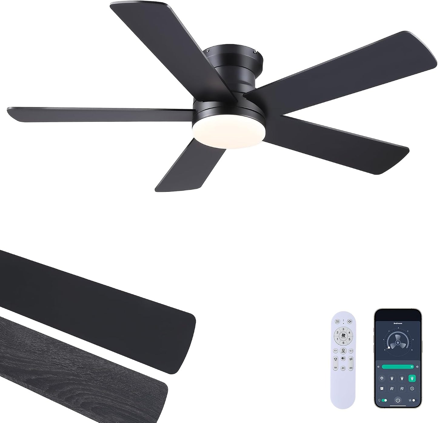 48In Ceiling Fan with Light Flush Mount - White Low Profile Ceiling Fan Light with Remote/APP, 5 Reversible Dual-Sided Blades, Modern Fan Light for Indoor Bedroom, Covered Outdoor