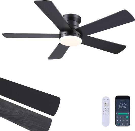 48In Ceiling Fan with Light Flush Mount - White Low Profile Ceiling Fan Light with Remote/APP, 5 Reversible Dual-Sided Blades, Modern Fan Light for Indoor Bedroom, Covered Outdoor