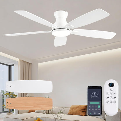 JSAITEE Ceiling Fans with Lights, 52 Inch Low Profile Ceiling Fan with Light and Remote Control, Flush Mount, DC Reversible Motor, Noiseless, White 6 Speeds Ceiling Fan for BedroomJL-66-Brown JL-66-nickle JL-66-white JL-66-black