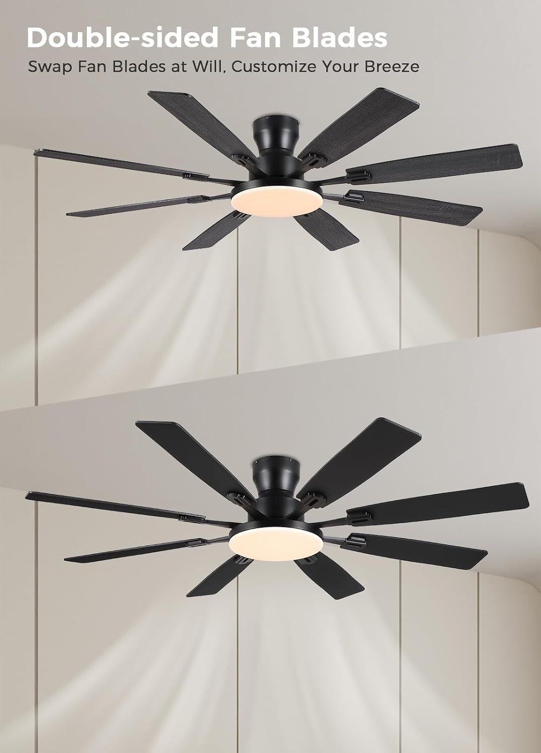 JSAITEE 60Inch Ceiling Fan with Lights Low Profile Flush Mount Brown RGB