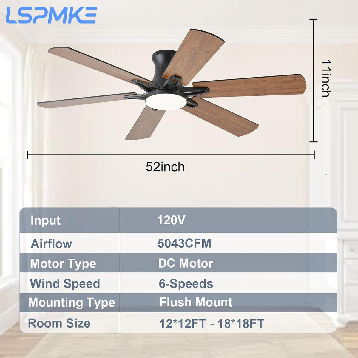 52 Inch Ceiling Fans with Lights, Low Profile Ceiling Fan with Light and Remote, Quite DC Motor,Flush Mount, 3CCT, Dimmable, Brown RGB Ceiling Fan for Bedroom, Living Room, Indoor/Outdoor Use