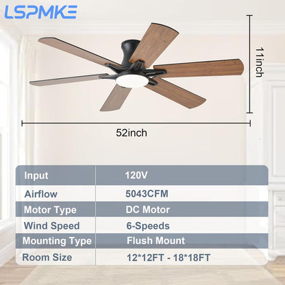 52 Inch Ceiling Fans with Lights, Low Profile Ceiling Fan with Light and Remote, Quite DC Motor,Flush Mount, 3CCT, Dimmable, Brown RGB Ceiling Fan for Bedroom, Living Room, Indoor/Outdoor Use