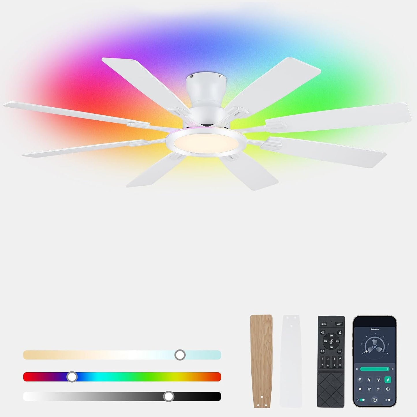 Ceiling Fans with Lights -60in Brown Flush Mount Ceiling Fan with RGB SY8888-Black-RGB SY8888-White-RGB SY8888-Brown-RGB